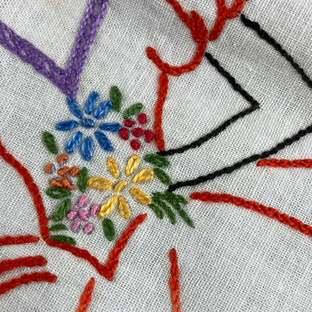 Vintage Hand Embroidered Linen & Lace Tablecloth Crinoline Ladies in Hoop Skirts